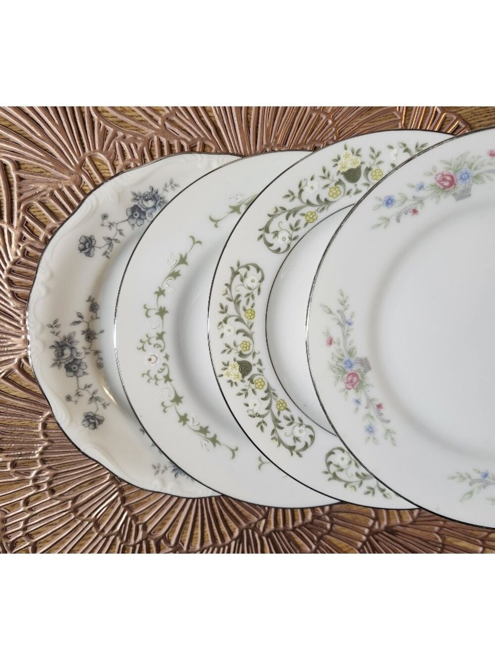 Mismatched Floral Cake Plates ~6.25" Silver Platinum Edge Porcelain China